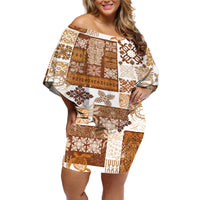 Hawaiian Quilt Off Shoulder Short Dress Tiki Tropical Retro Brown Version - Wonder Print Shop