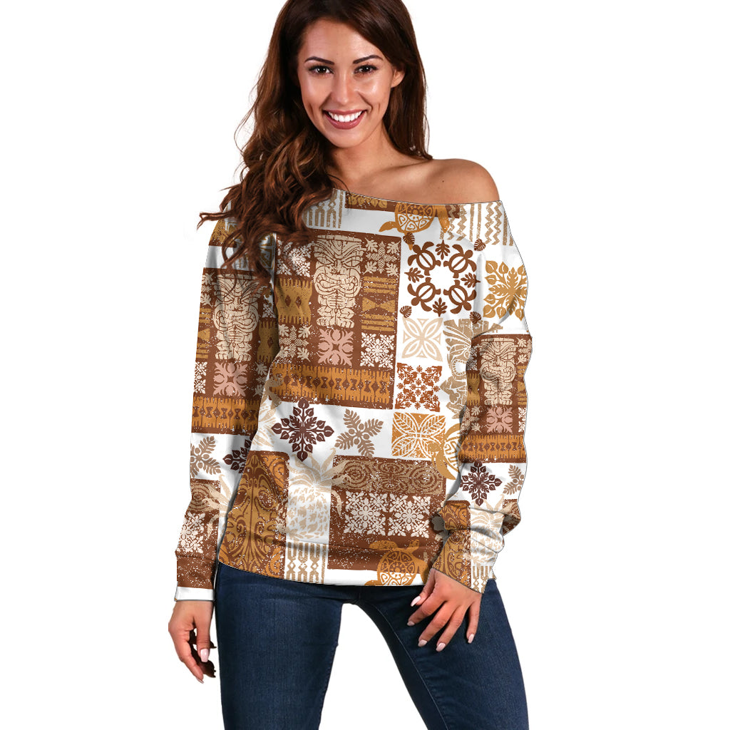 Hawaiian Quilt Off Shoulder Sweater Tiki Tropical Retro Brown Version - Wonder Print Shop