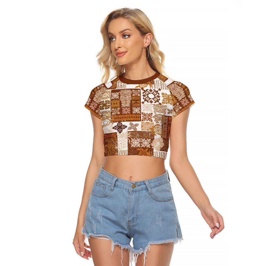 Hawaiian Quilt Raglan Cropped T Shirt Tiki Tropical Retro Brown Version - Wonder Print Shop