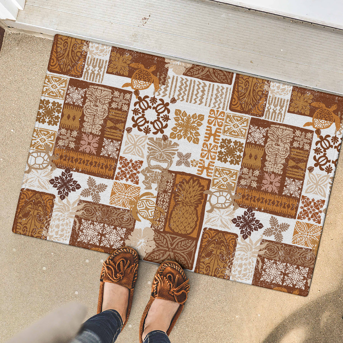 Hawaiian Quilt Rubber Doormat Tiki Tropical Retro Brown Version - Wonder Print Shop