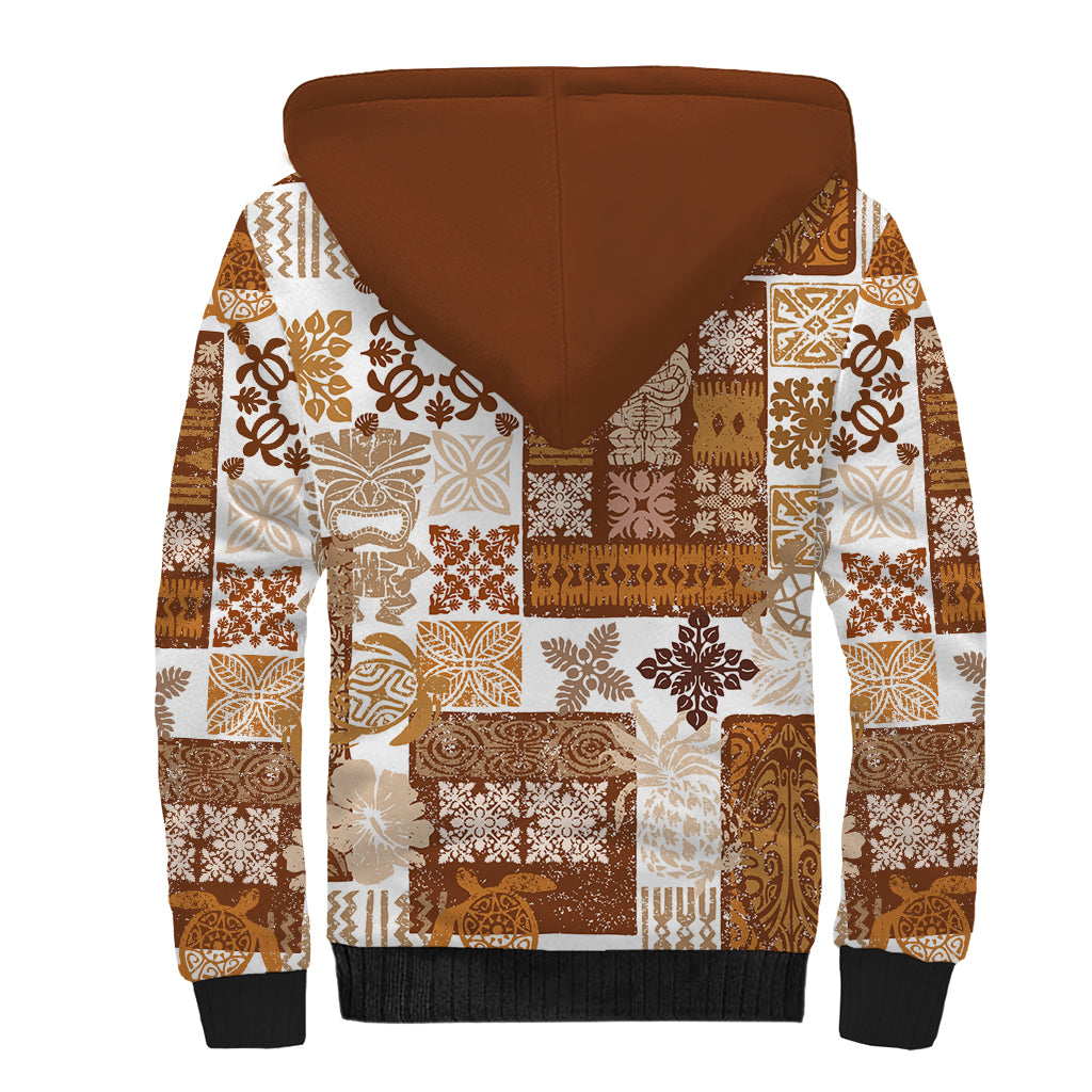 Hawaiian Quilt Sherpa Hoodie Tiki Tropical Retro Brown Version - Wonder Print Shop