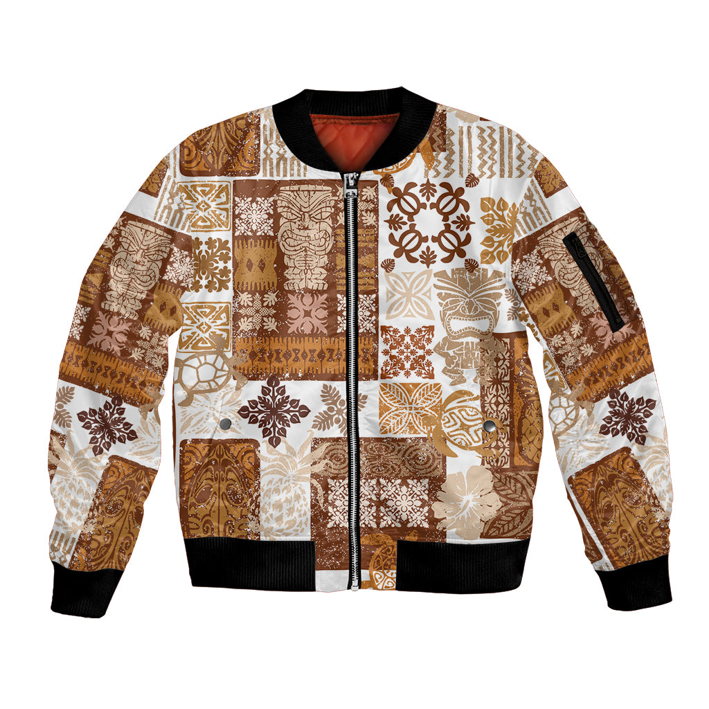 Hawaiian Quilt Sleeve Zip Bomber Jacket Tiki Tropical Retro Brown Version - Wonder Print Shop