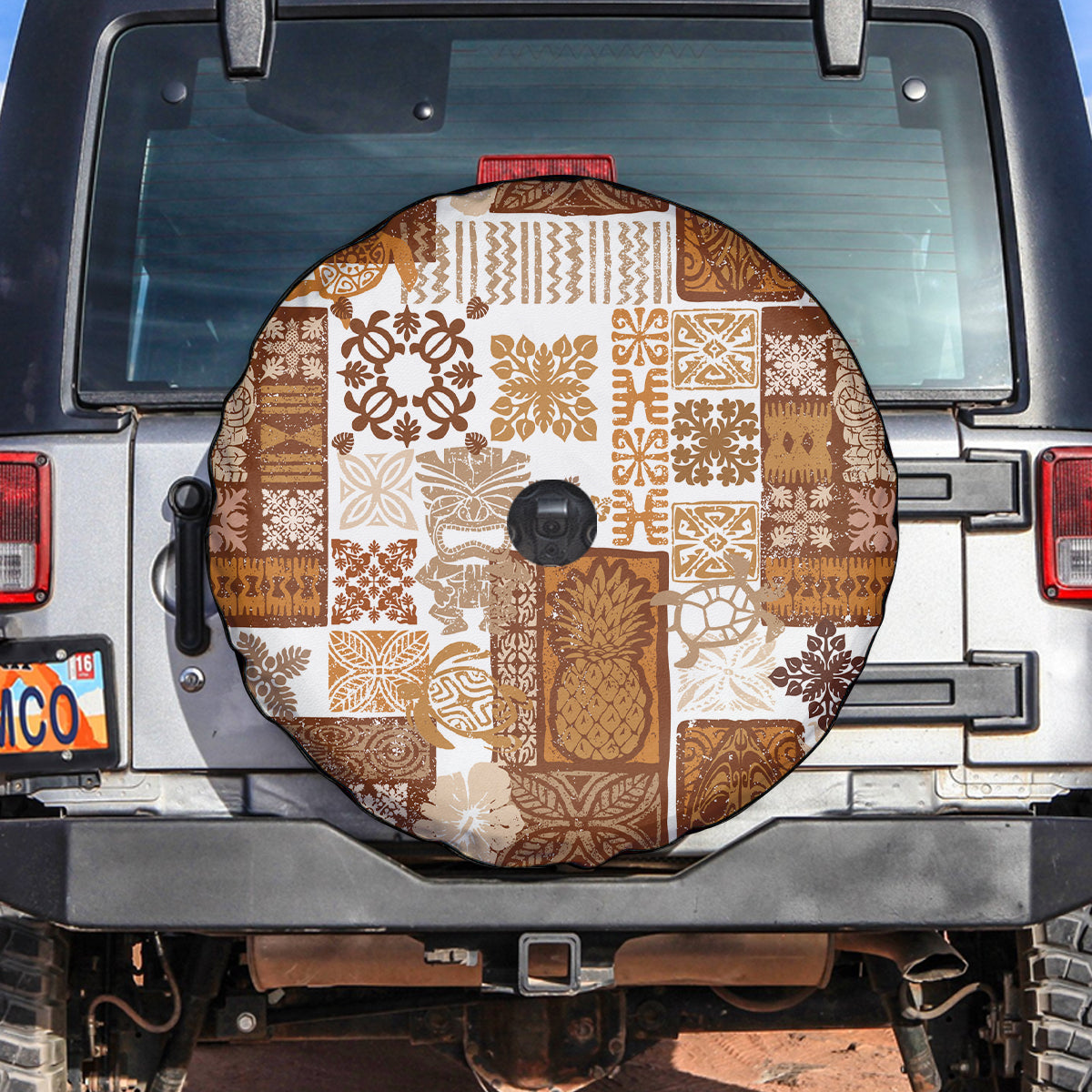 Hawaiian Quilt Spare Tire Cover Tiki Tropical Retro Brown Version - Wonder Print Shop