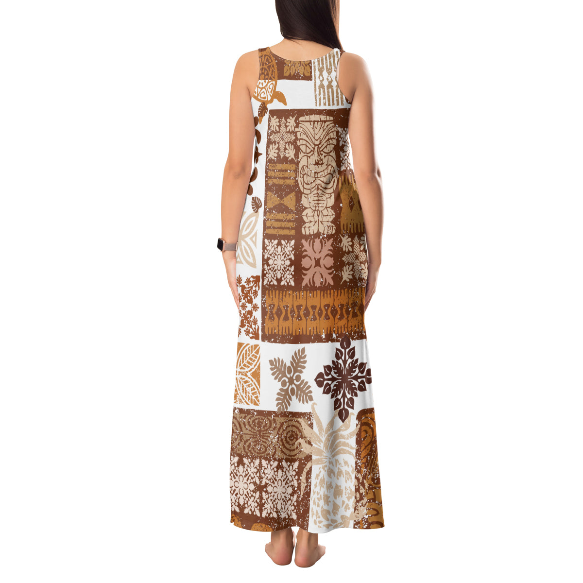 Hawaiian Quilt Tank Maxi Dress Tiki Tropical Retro Brown Version - Wonder Print Shop