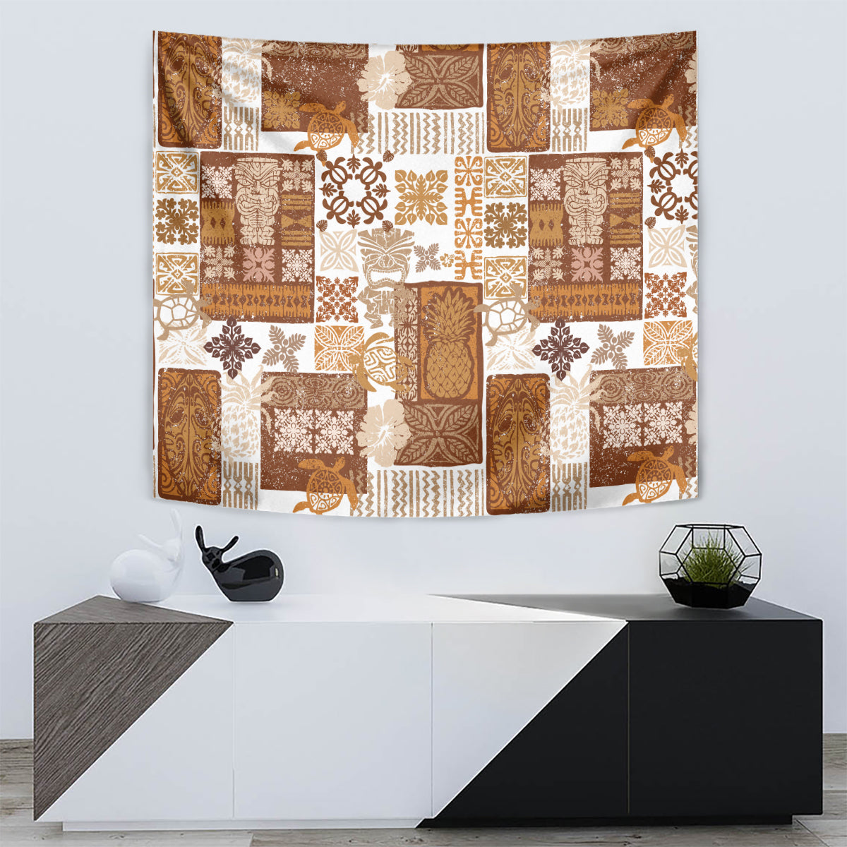 Hawaiian Quilt Tapestry Tiki Tropical Retro Brown Version - Wonder Print Shop