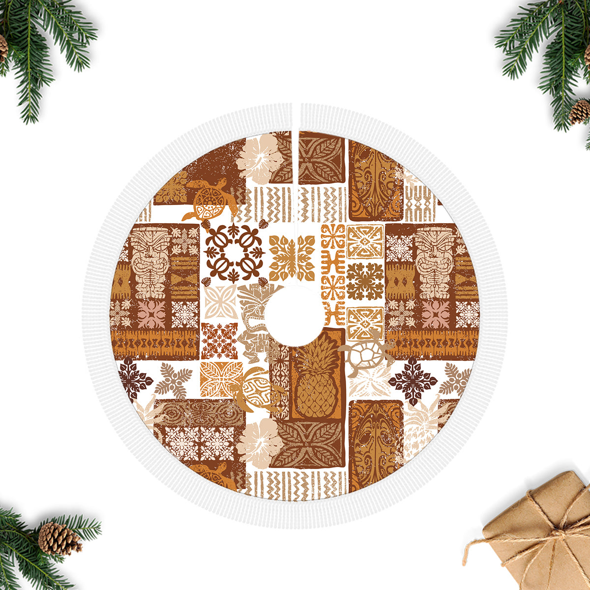 Hawaiian Quilt Tree Skirt Tiki Tropical Retro Brown Version - Wonder Print Shop