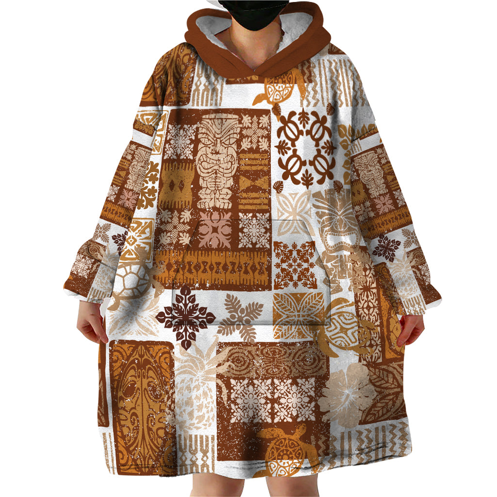 Hawaiian Quilt Wearable Blanket Hoodie Tiki Tropical Retro Brown Version - Wonder Print Shop