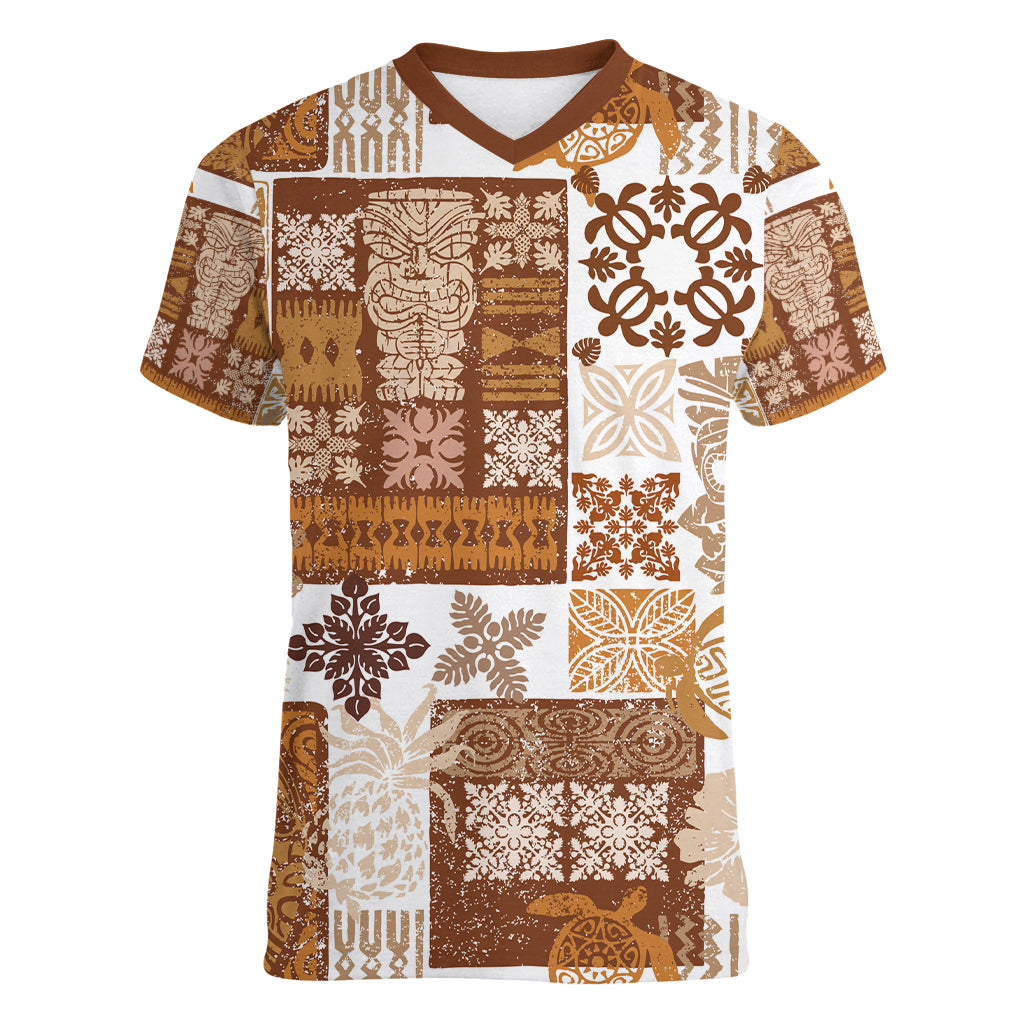 Hawaiian Quilt Women V Neck T Shirt Tiki Tropical Retro Brown Version - Wonder Print Shop