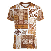 Hawaiian Quilt Women V Neck T Shirt Tiki Tropical Retro Brown Version - Wonder Print Shop