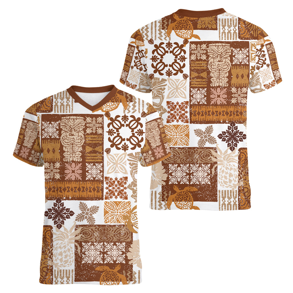 Hawaiian Quilt Women V Neck T Shirt Tiki Tropical Retro Brown Version - Wonder Print Shop