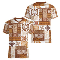 Hawaiian Quilt Women V Neck T Shirt Tiki Tropical Retro Brown Version - Wonder Print Shop