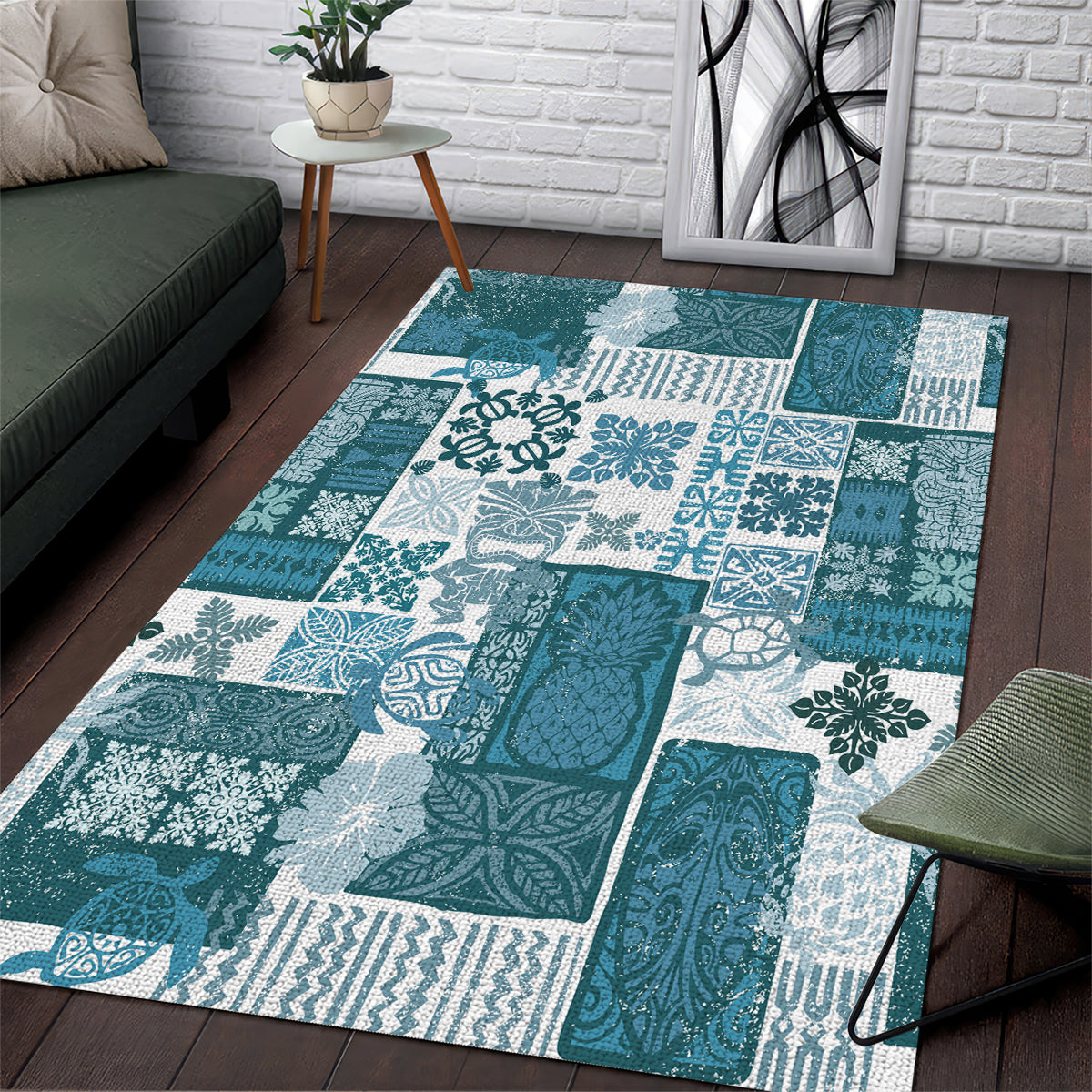 Hawaiian Quilt Area Rug Tiki Tropical Retro Dark Cyan Version - Wonder Print Shop