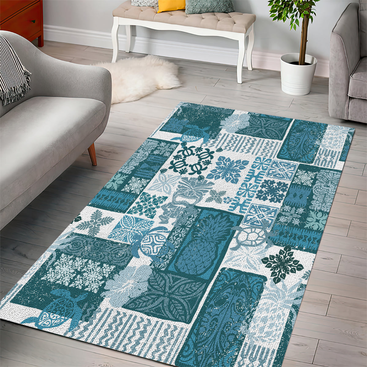 Hawaiian Quilt Area Rug Tiki Tropical Retro Dark Cyan Version - Wonder Print Shop