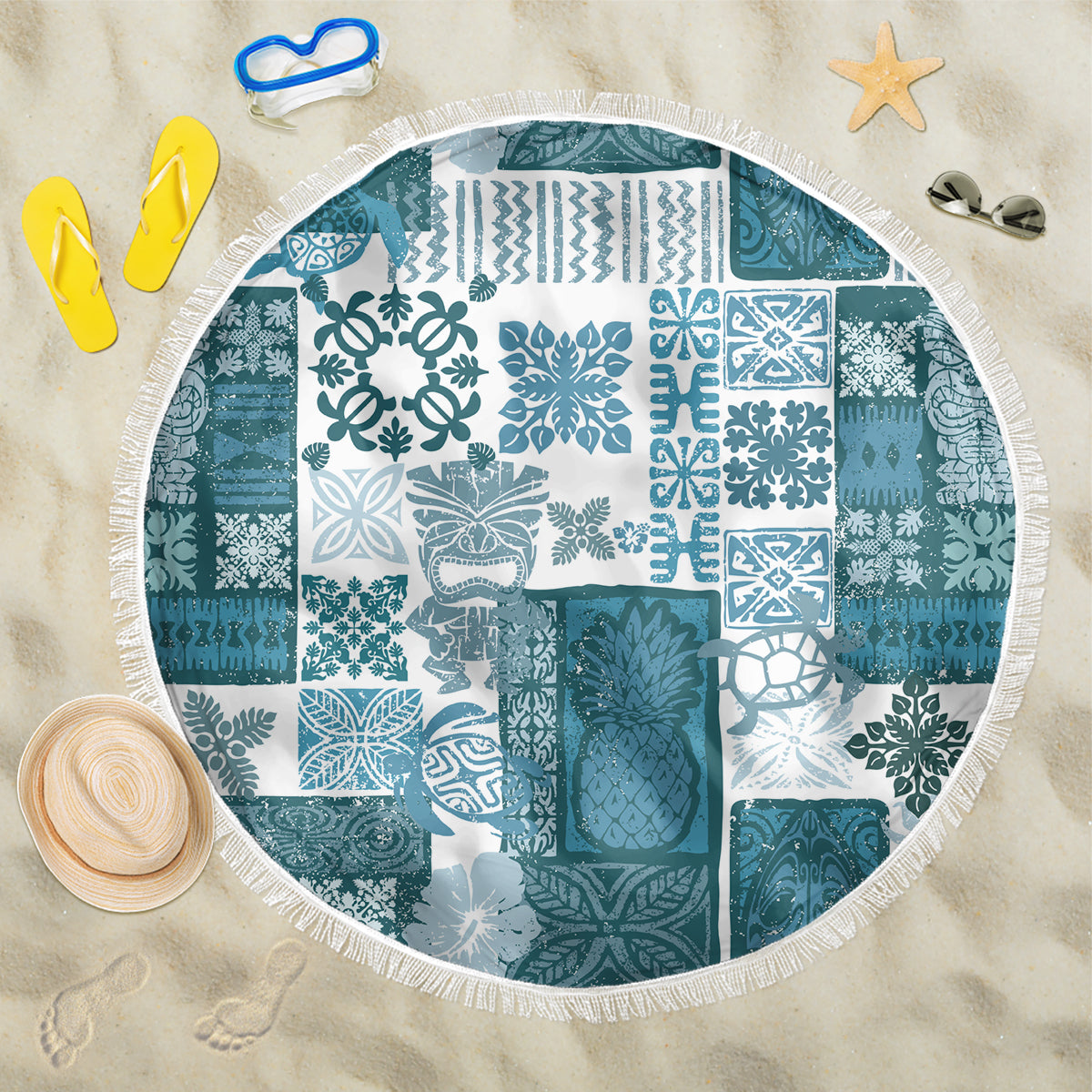 Hawaiian Quilt Beach Blanket Tiki Tropical Retro Dark Cyan Version - Wonder Print Shop