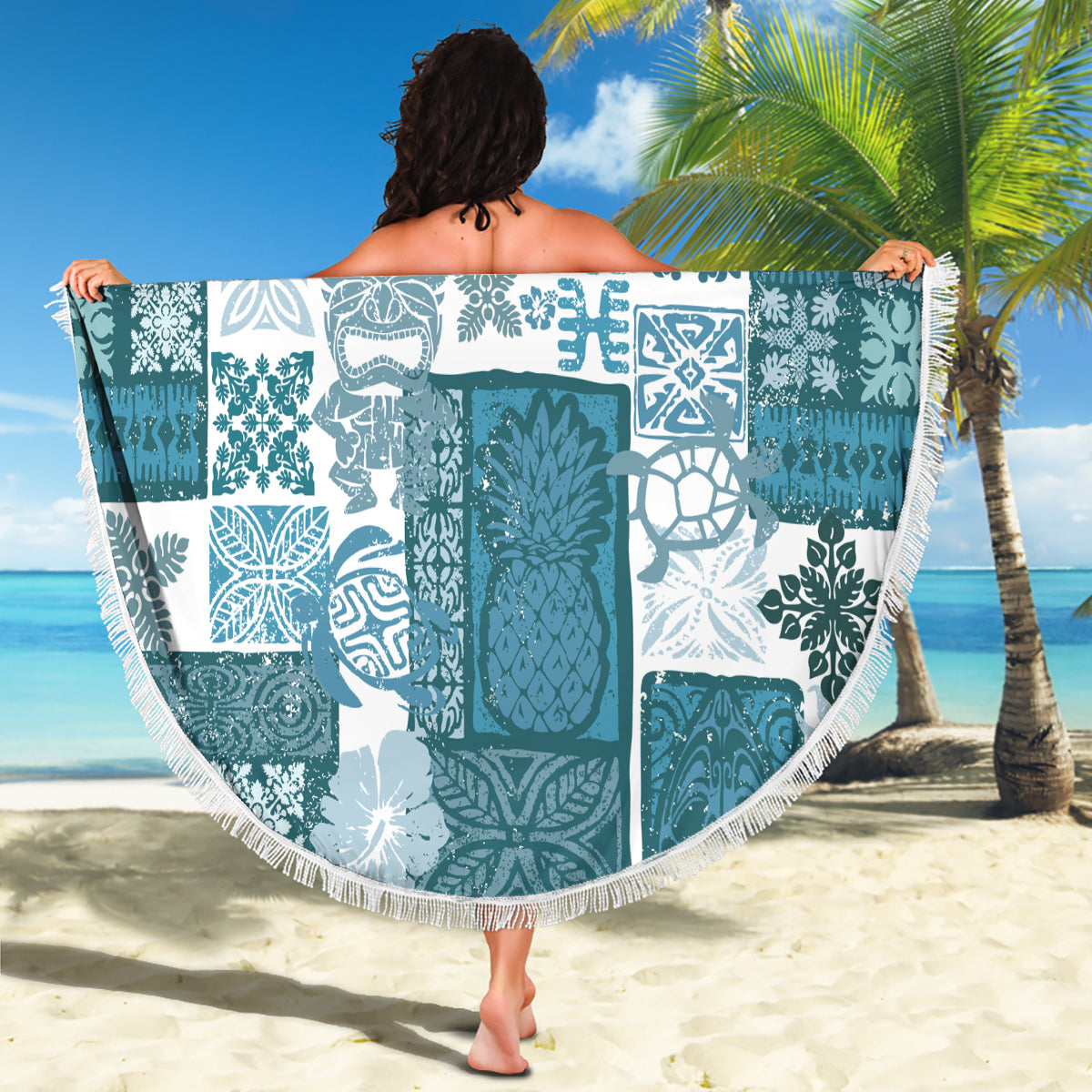 Hawaiian Quilt Beach Blanket Tiki Tropical Retro Dark Cyan Version - Wonder Print Shop