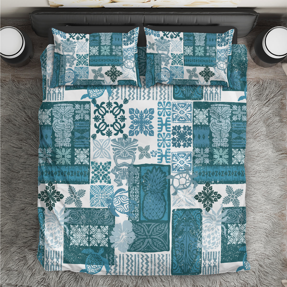 Hawaiian Quilt Bedding Set Tiki Tropical Retro Dark Cyan Version - Wonder Print Shop