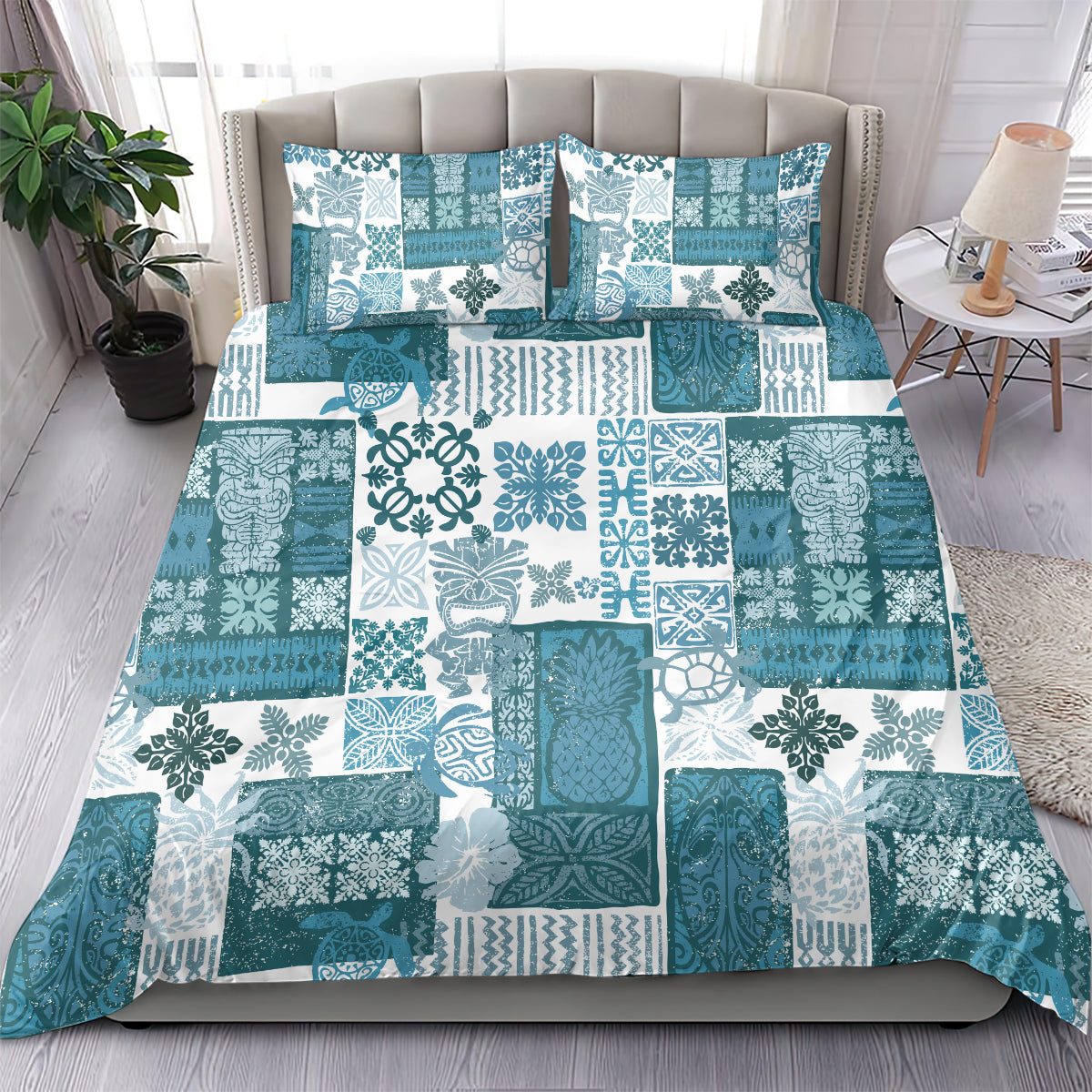 Hawaiian Quilt Bedding Set Tiki Tropical Retro Dark Cyan Version - Wonder Print Shop