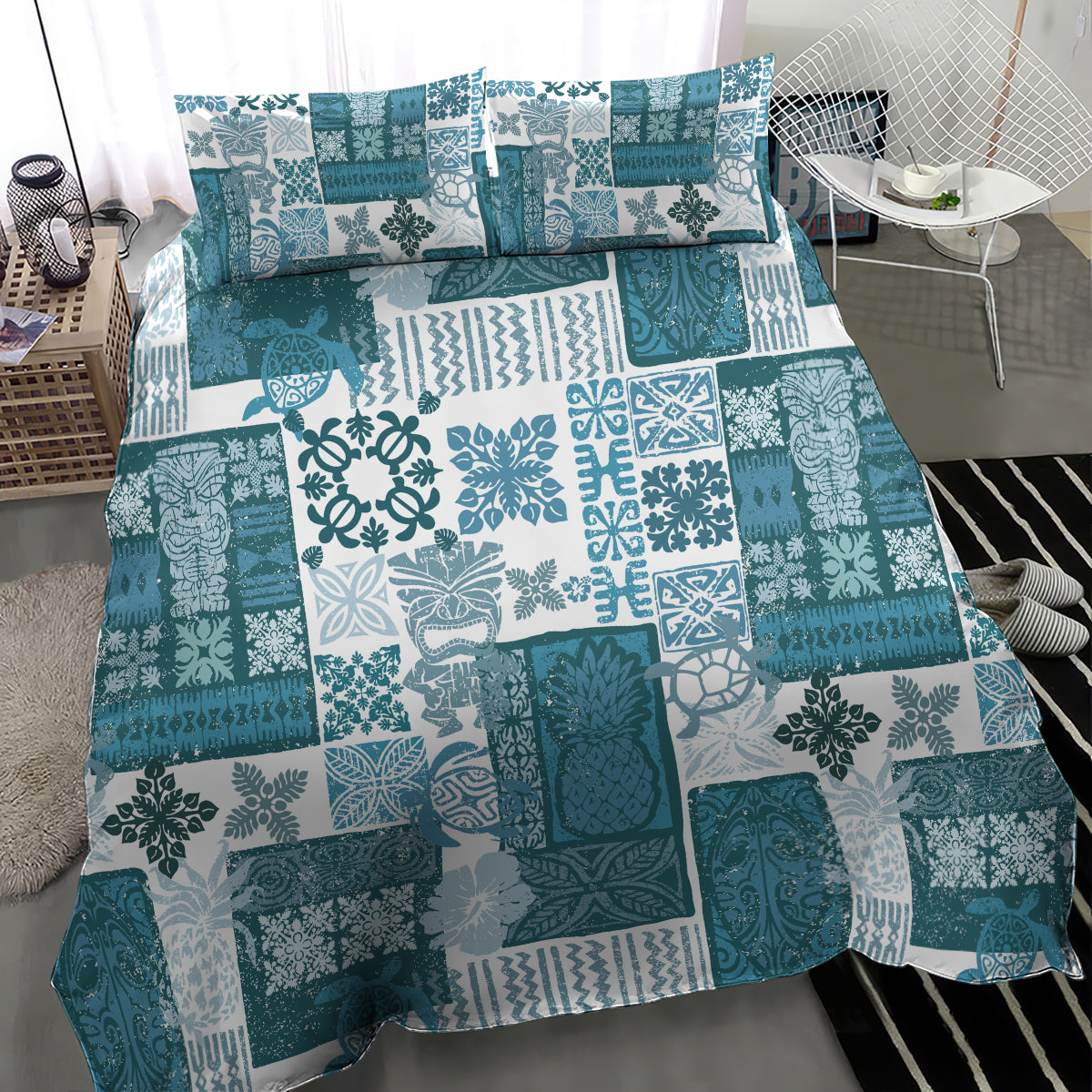 Hawaiian Quilt Bedding Set Tiki Tropical Retro Dark Cyan Version - Wonder Print Shop