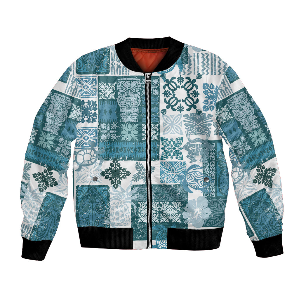 Hawaiian Quilt Bomber Jacket Tiki Tropical Retro Dark Cyan Version - Wonder Print Shop