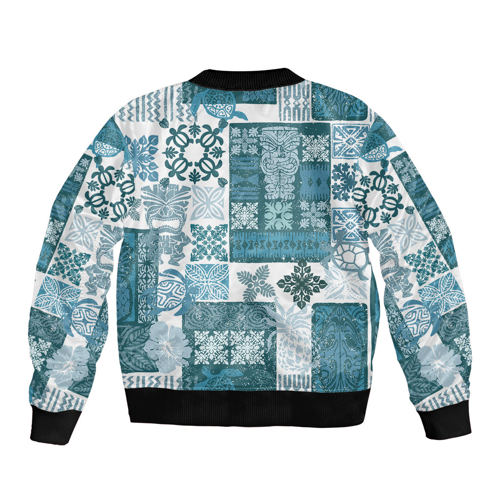 Hawaiian Quilt Bomber Jacket Tiki Tropical Retro Dark Cyan Version - Wonder Print Shop