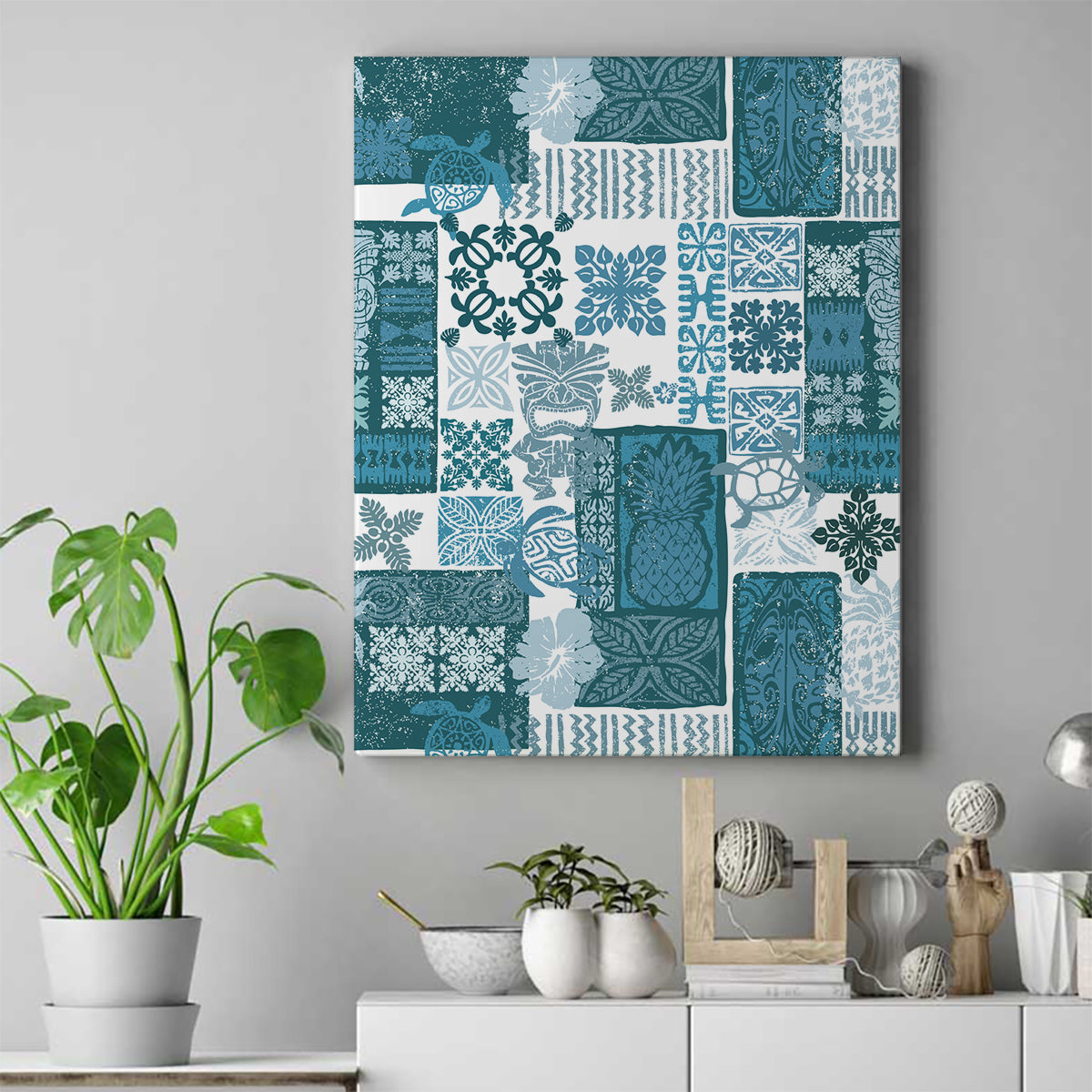 Hawaiian Quilt Canvas Wall Art Tiki Tropical Retro Dark Cyan Version - Wonder Print Shop