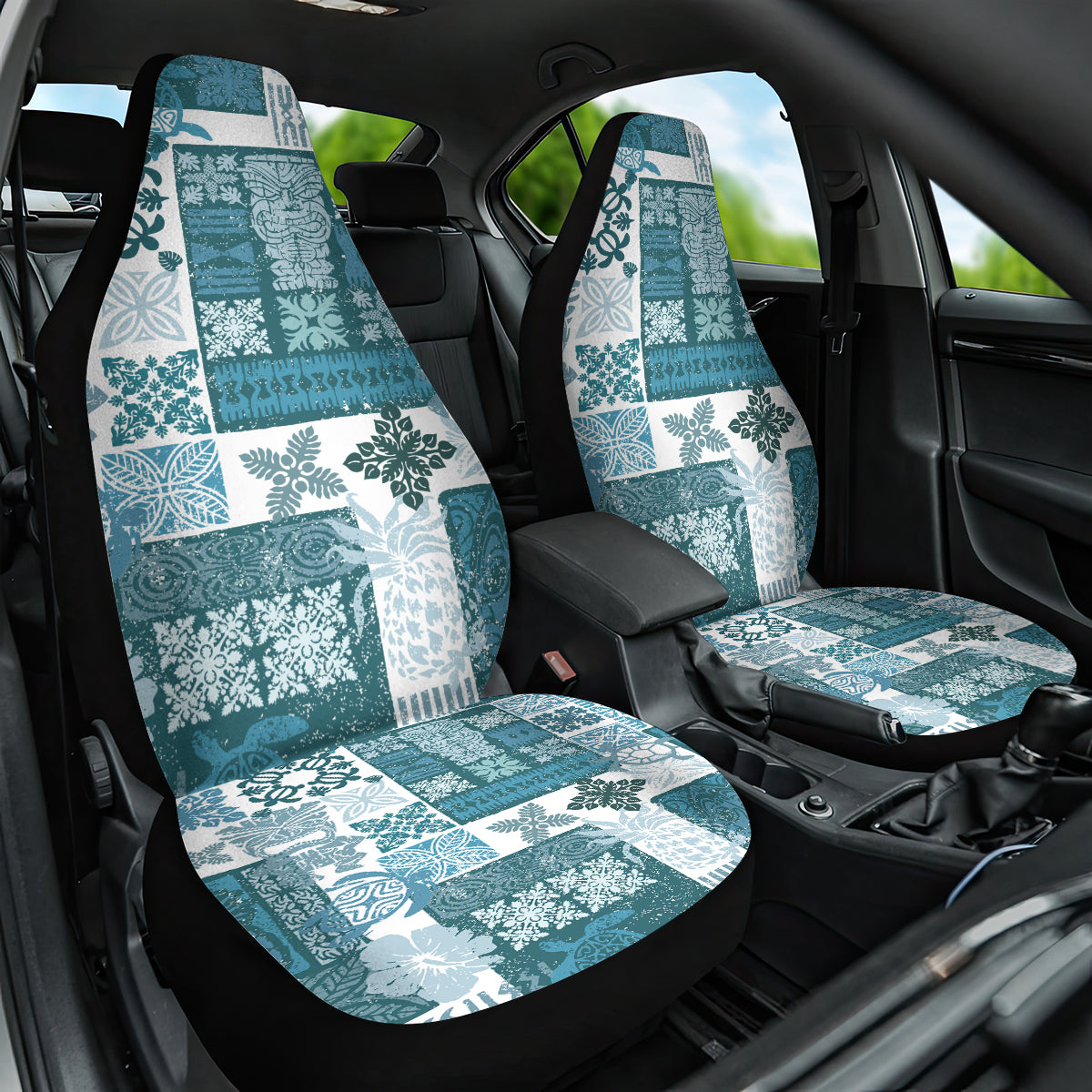 Hawaiian Quilt Car Seat Cover Tiki Tropical Retro Dark Cyan Version - Wonder Print Shop