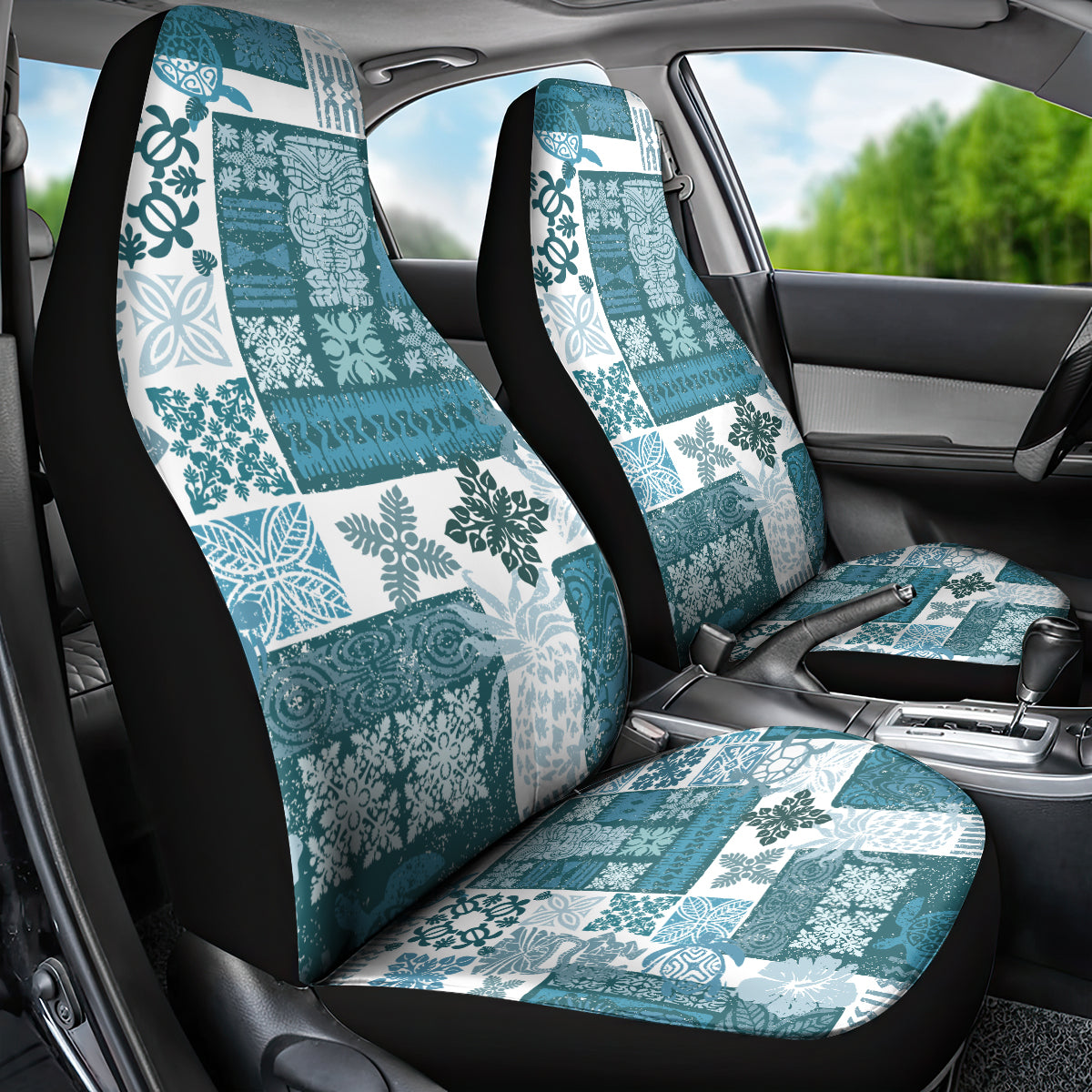 Hawaiian Quilt Car Seat Cover Tiki Tropical Retro Dark Cyan Version - Wonder Print Shop