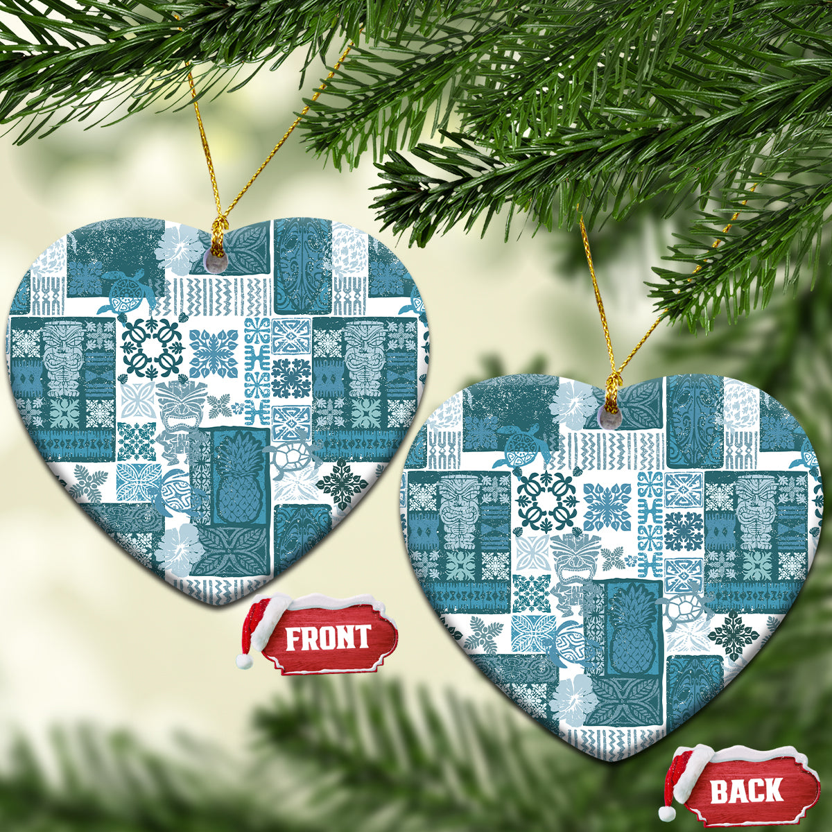Hawaiian Quilt Ceramic Ornament Tiki Tropical Retro Dark Cyan Version - Wonder Print Shop