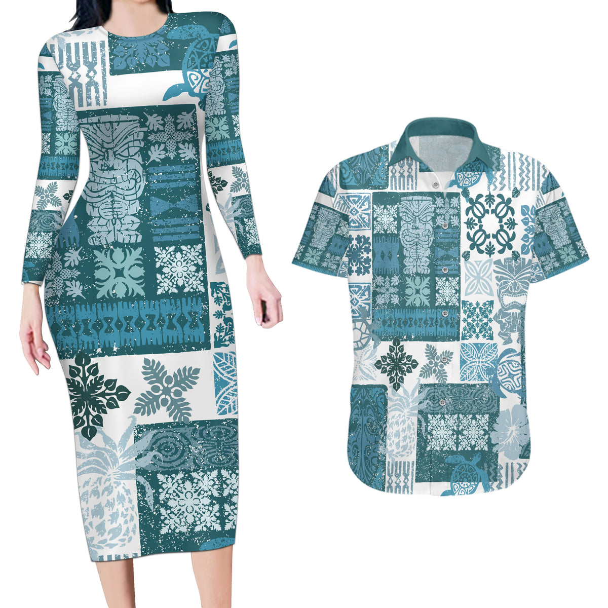Hawaiian Quilt Couples Matching Long Sleeve Bodycon Dress and Hawaiian Shirt Tiki Tropical Retro Dark Cyan Version - Wonder Print Shop