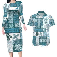 Hawaiian Quilt Couples Matching Long Sleeve Bodycon Dress and Hawaiian Shirt Tiki Tropical Retro Dark Cyan Version - Wonder Print Shop