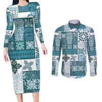 Hawaiian Quilt Couples Matching Long Sleeve Bodycon Dress and Long Sleeve Button Shirt Tiki Tropical Retro Dark Cyan Version - Wonder Print Shop