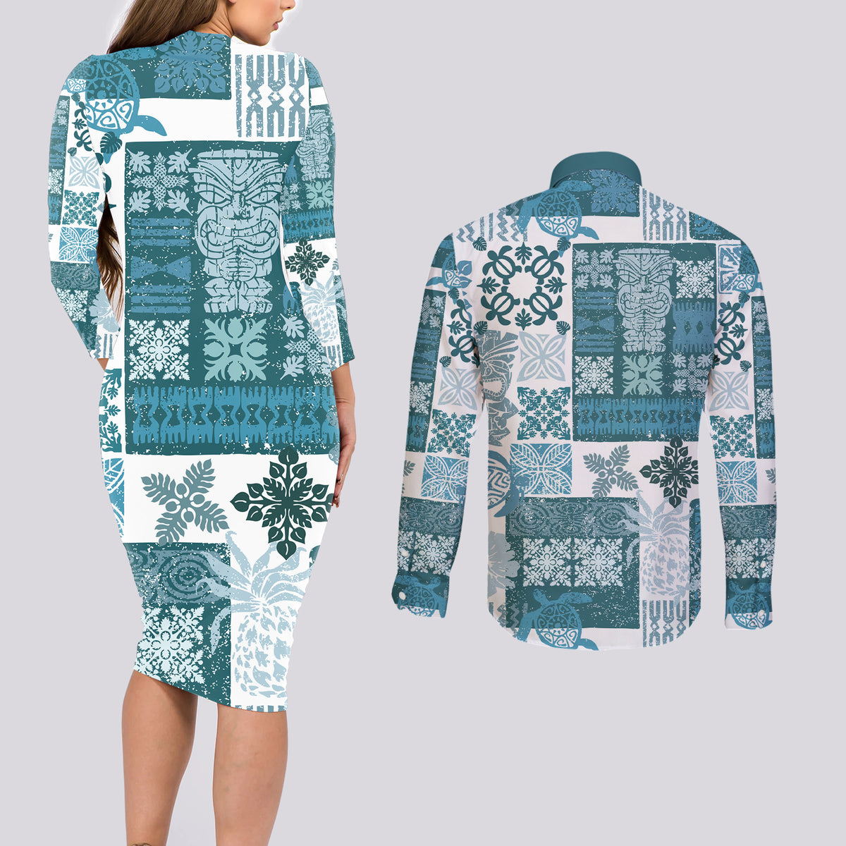 Hawaiian Quilt Couples Matching Long Sleeve Bodycon Dress and Long Sleeve Button Shirt Tiki Tropical Retro Dark Cyan Version - Wonder Print Shop