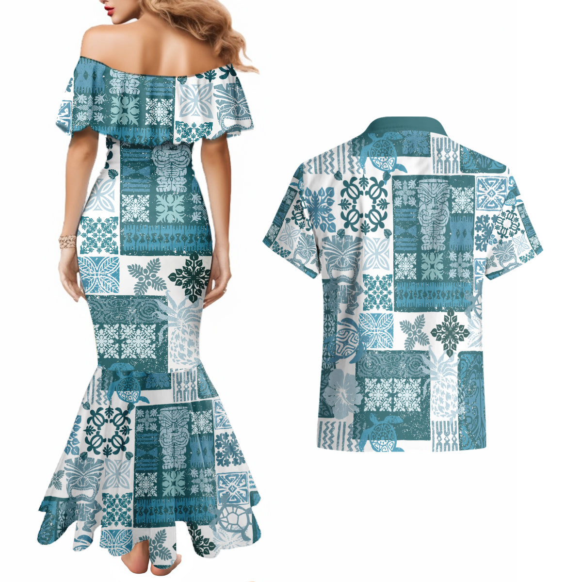 Hawaiian Quilt Couples Matching Mermaid Dress and Hawaiian Shirt Tiki Tropical Retro Dark Cyan Version - Wonder Print Shop