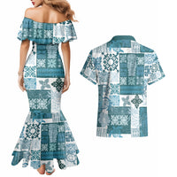 Hawaiian Quilt Couples Matching Mermaid Dress and Hawaiian Shirt Tiki Tropical Retro Dark Cyan Version - Wonder Print Shop