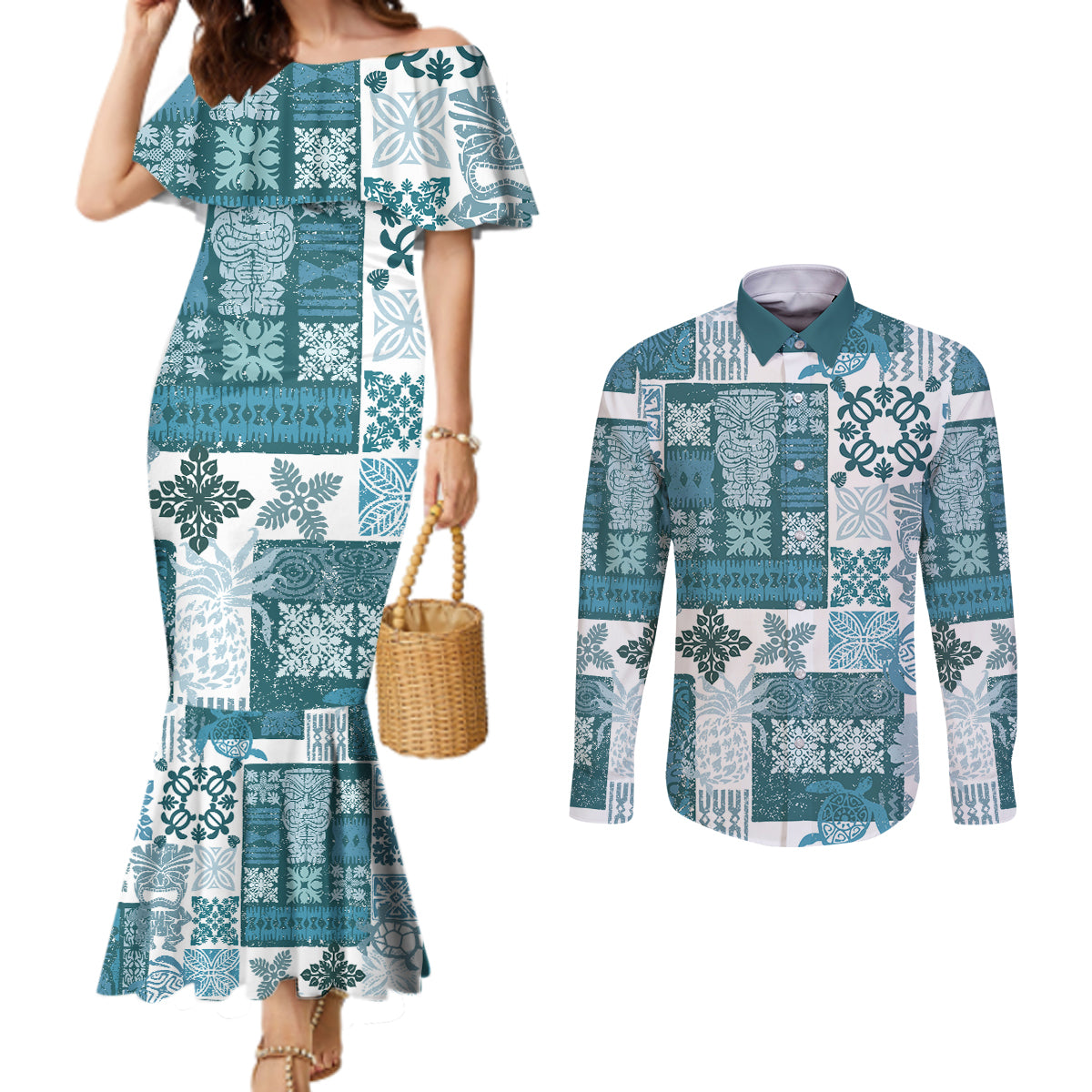 hawaiian-quilt-couples-matching-mermaid-dress-and-long-sleeve-button-shirt-tiki-tropical-retro-dark-cyan-version