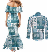 hawaiian-quilt-couples-matching-mermaid-dress-and-long-sleeve-button-shirt-tiki-tropical-retro-dark-cyan-version