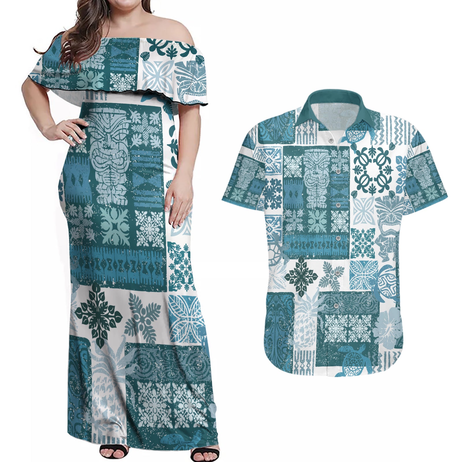 Hawaiian Quilt Couples Matching Off Shoulder Maxi Dress and Hawaiian Shirt Tiki Tropical Retro Dark Cyan Version - Wonder Print Shop