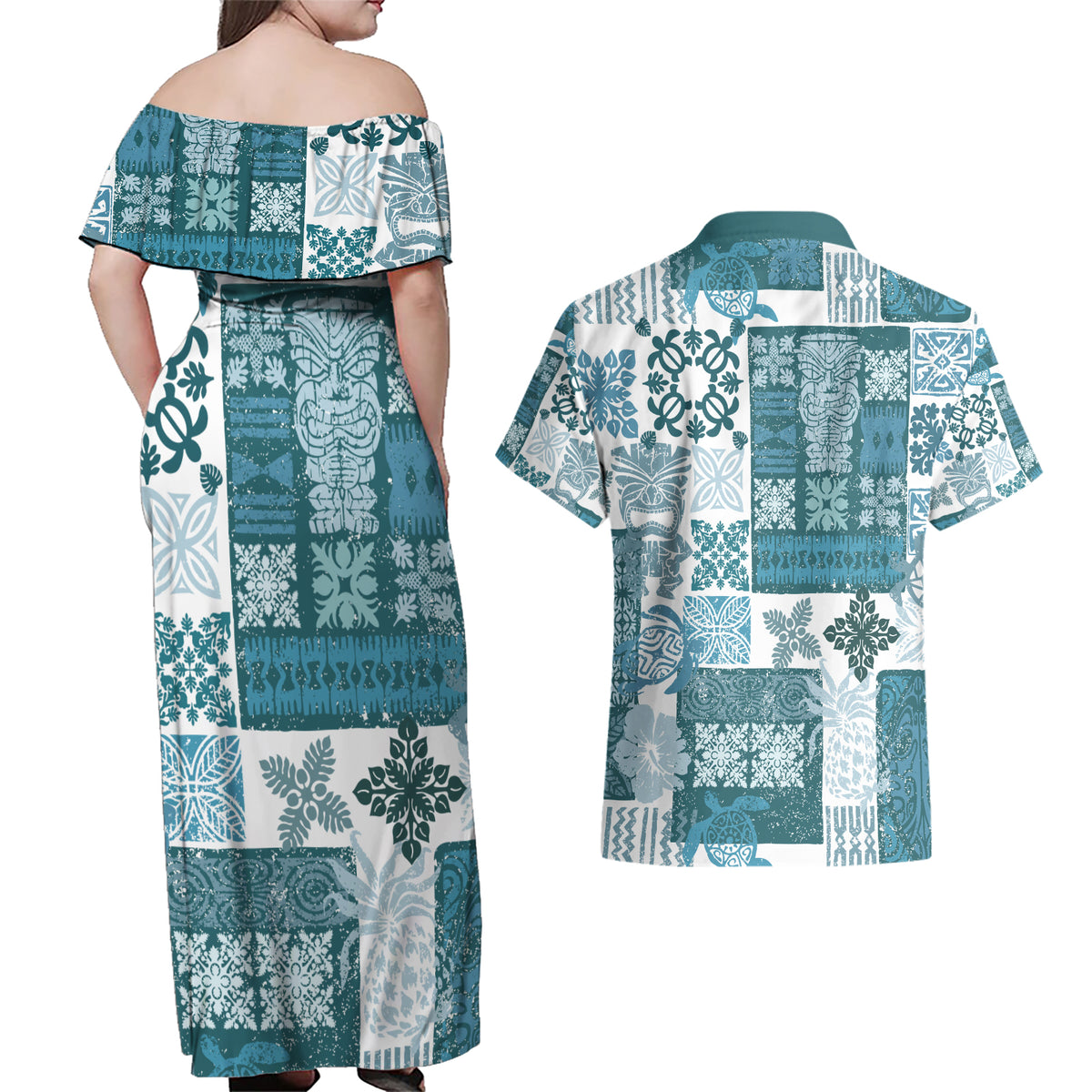 Hawaiian Quilt Couples Matching Off Shoulder Maxi Dress and Hawaiian Shirt Tiki Tropical Retro Dark Cyan Version - Wonder Print Shop