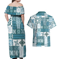 Hawaiian Quilt Couples Matching Off Shoulder Maxi Dress and Hawaiian Shirt Tiki Tropical Retro Dark Cyan Version - Wonder Print Shop