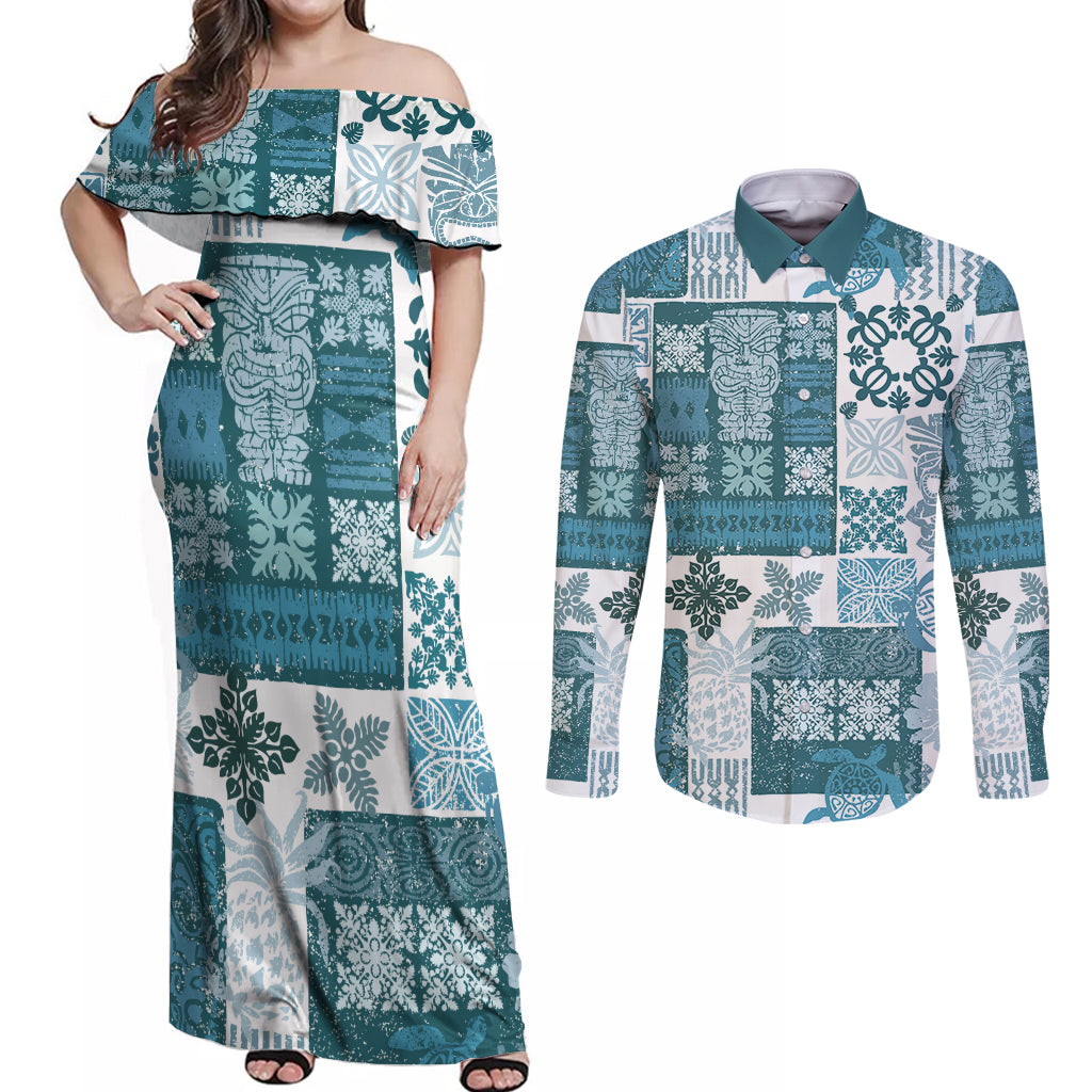 Hawaiian Quilt Couples Matching Off Shoulder Maxi Dress and Long Sleeve Button Shirt Tiki Tropical Retro Dark Cyan Version - Wonder Print Shop
