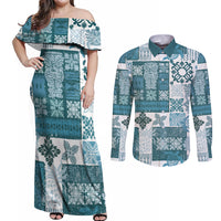 Hawaiian Quilt Couples Matching Off Shoulder Maxi Dress and Long Sleeve Button Shirt Tiki Tropical Retro Dark Cyan Version - Wonder Print Shop
