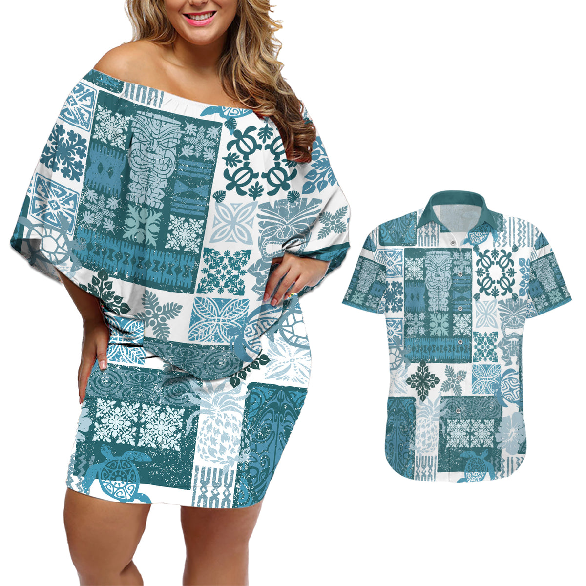 Hawaiian Quilt Couples Matching Off Shoulder Short Dress and Hawaiian Shirt Tiki Tropical Retro Dark Cyan Version - Wonder Print Shop