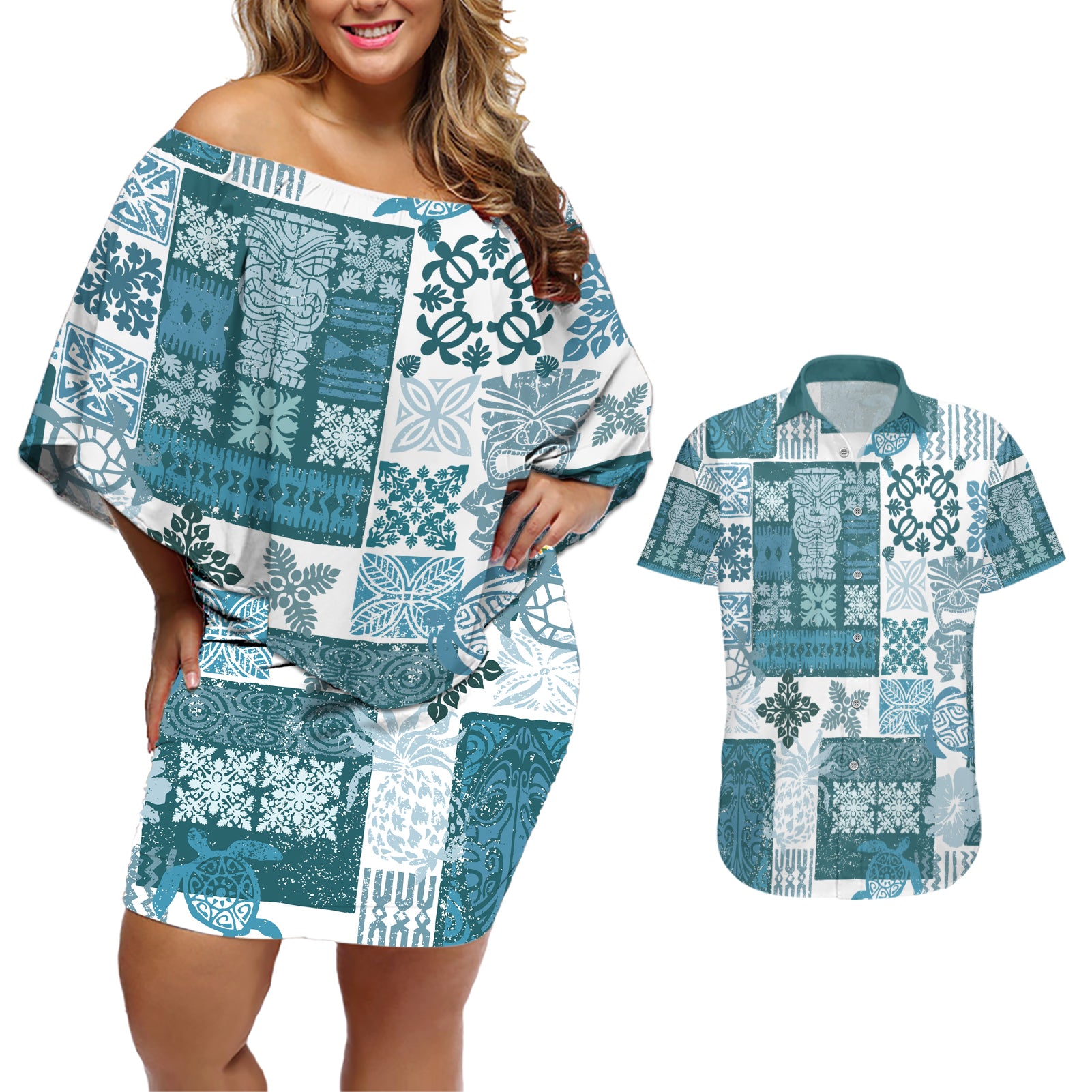 Hawaiian Quilt Couples Matching Off Shoulder Short Dress and Hawaiian Shirt Tiki Tropical Retro Dark Cyan Version - Wonder Print Shop