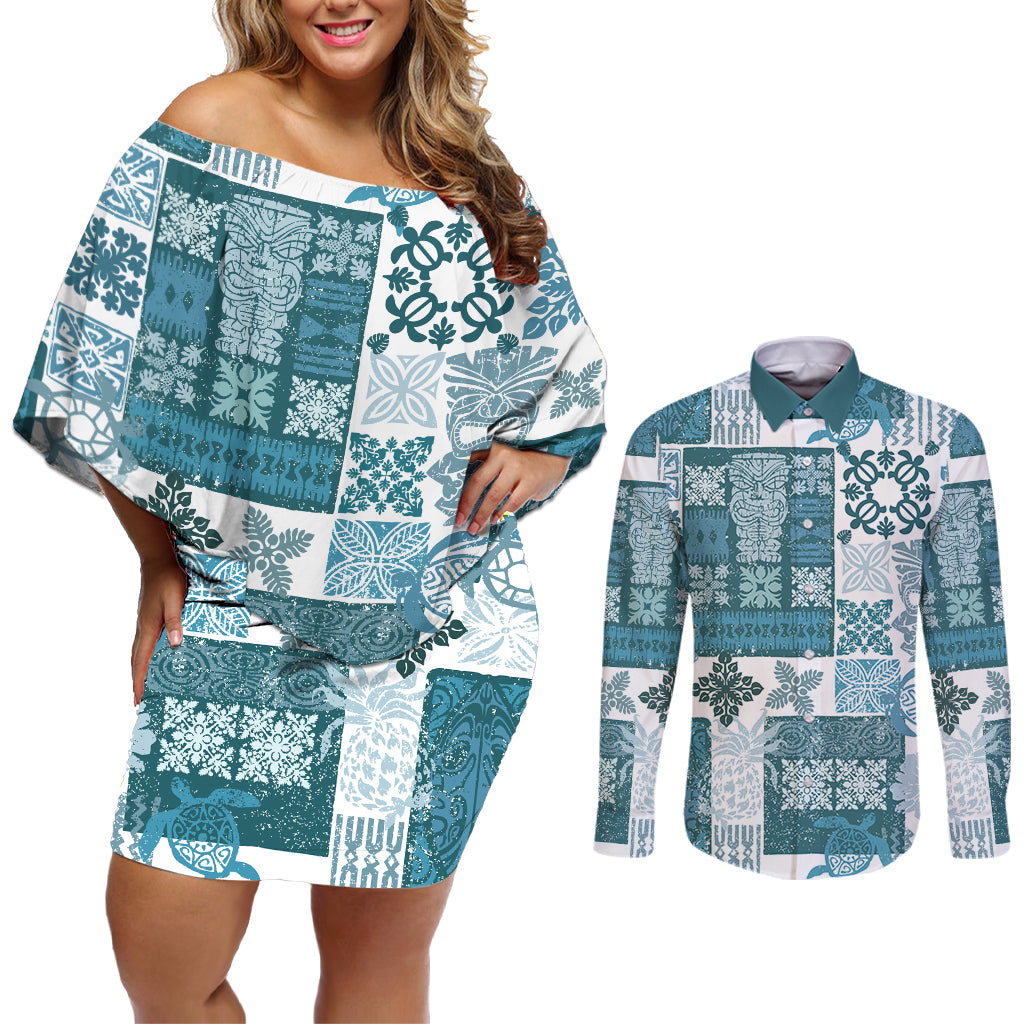 Hawaiian Quilt Couples Matching Off Shoulder Short Dress and Long Sleeve Button Shirt Tiki Tropical Retro Dark Cyan Version - Wonder Print Shop