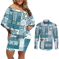 Hawaiian Quilt Couples Matching Off Shoulder Short Dress and Long Sleeve Button Shirt Tiki Tropical Retro Dark Cyan Version - Wonder Print Shop