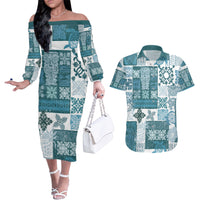 Hawaiian Quilt Couples Matching Off The Shoulder Long Sleeve Dress and Hawaiian Shirt Tiki Tropical Retro Dark Cyan Version - Wonder Print Shop
