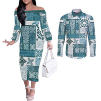 hawaiian-quilt-couples-matching-off-the-shoulder-long-sleeve-dress-and-long-sleeve-button-shirt-tiki-tropical-retro-dark-cyan-version