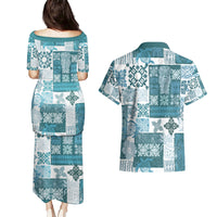 Hawaiian Quilt Couples Matching Puletasi Dress and Hawaiian Shirt Tiki Tropical Retro Dark Cyan Version - Wonder Print Shop