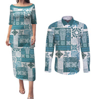 Hawaiian Quilt Couples Matching Puletasi Dress and Long Sleeve Button Shirt Tiki Tropical Retro Dark Cyan Version - Wonder Print Shop