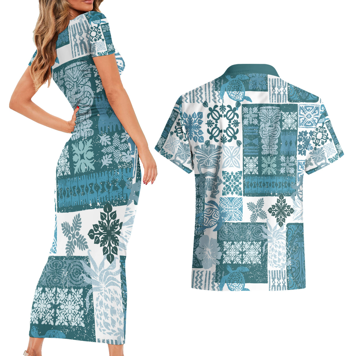 Hawaiian Quilt Couples Matching Short Sleeve Bodycon Dress and Hawaiian Shirt Tiki Tropical Retro Dark Cyan Version - Wonder Print Shop